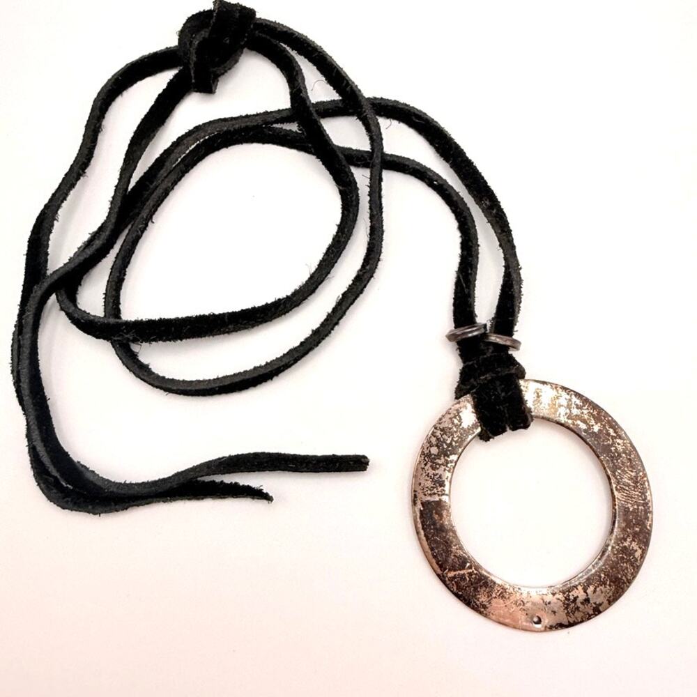 Vintage 925 Sterling Silver Large ring Pendant Necklace Rawhide Cord 36" Long